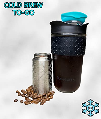 Cold brew coffee cup | For Grab-n-Go | 18oz | Durable glass | stainless steel filter | silicon sleeve | Black design with a Blue lid