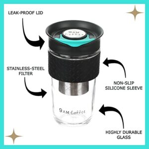 Cold brew coffee cup | For Grab-n-Go | 18oz | Durable glass | stainless steel filter | silicon sleeve | Black design with a Blue lid