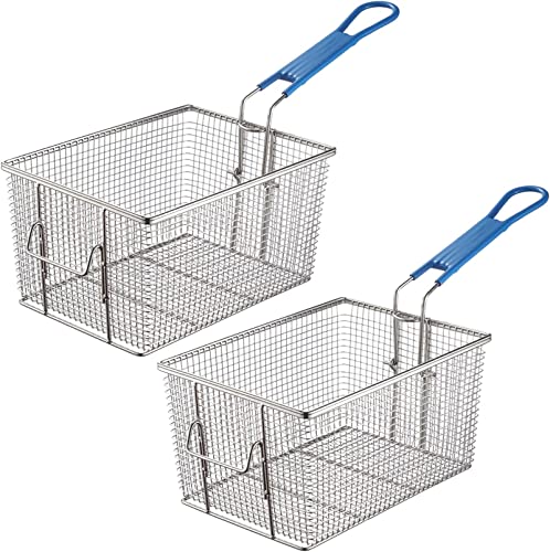 2PCS Deep Fryer Basket, 11.02"×7.87"×5.71", Stainless Steel Fry Basket with Non-Slip Handle, Sturdy Square Food Strainer for Home and Heavy Duty Nickel Plated Iron Construction Commercial Use