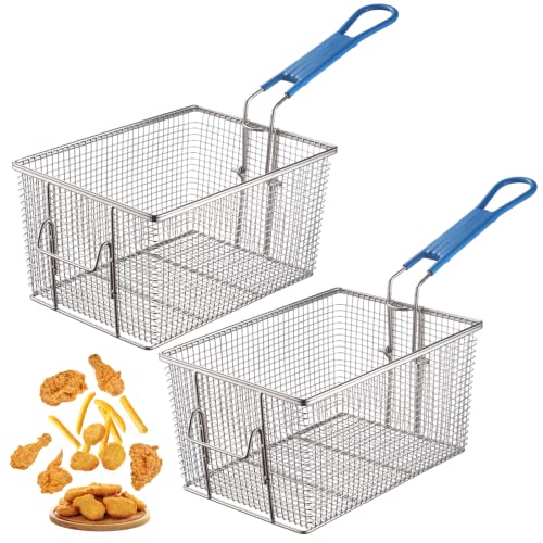 2PCS Deep Fryer Basket, 11.02"×7.87"×5.71", Stainless Steel Fry Basket with Non-Slip Handle, Sturdy Square Food Strainer for Home and Heavy Duty Nickel Plated Iron Construction Commercial Use