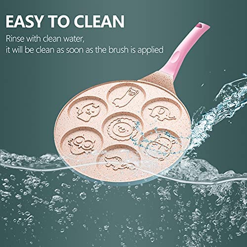 MINTER Pancake Pan With 7 Animal Designs for kids - Round Ceramic Pancake Pan Nonstick Surface & Comfortable Handle - Mini Pancake Crepe Pans Griddle Nonstick (pink)