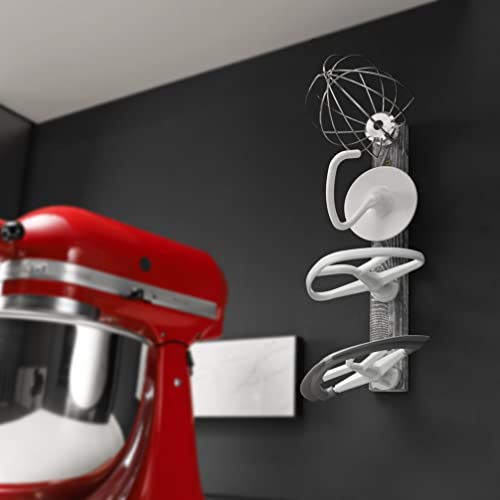 Stand Mixer Attachment Holder, Wooden Wall Mounted Holder with 4-Pack White Plastic Hangers, Kitchen Accessories Storage Organizer Parts Compatible with Kitchenaid Mixer Attachments for Space-saving