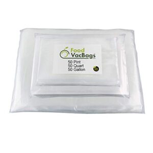 150 combo foodvacbags vacuum seal bags – 3 sizes! 50 pint, 50 quart and 50 gallon, commercial grade, sous vide, no bpa, boil, microwave