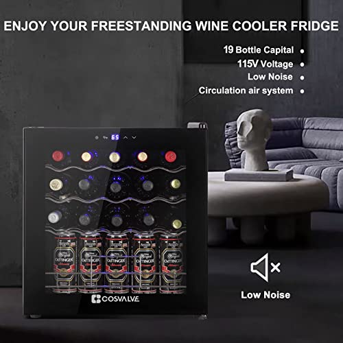 COSVALVE Mini Fridge Wine Fridge,3.7 cu.ft Wine Refrigerator,19 Bottle Freestanding Compressor Countertop Wine Cooler, 41f-64f Digital Temperature Control for Red, White, Champagne