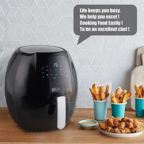 DELM Air Fryer Electric Hot Oven Oilless Cooker LED Touch Digital Screen with 8 Cooking Functions, Airfryer Preheat and Shake Reminder, Nonstick Basket,deep fryer xl digital, 6.3 QT-Black,beginners recipes included!