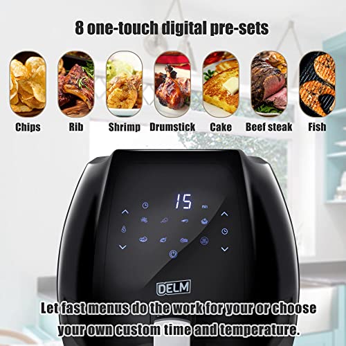 DELM Air Fryer Electric Hot Oven Oilless Cooker LED Touch Digital Screen with 8 Cooking Functions, Airfryer Preheat and Shake Reminder, Nonstick Basket,deep fryer xl digital, 6.3 QT-Black,beginners recipes included!