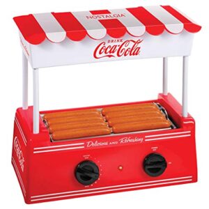nostalgia coca-cola holds 8 regular sized or 4 foot long hot dogs and 6 bun capacity, stainless steel rollers, perfect for breakfast sausages, brats, taquitos, egg rolls, yellow, red/white