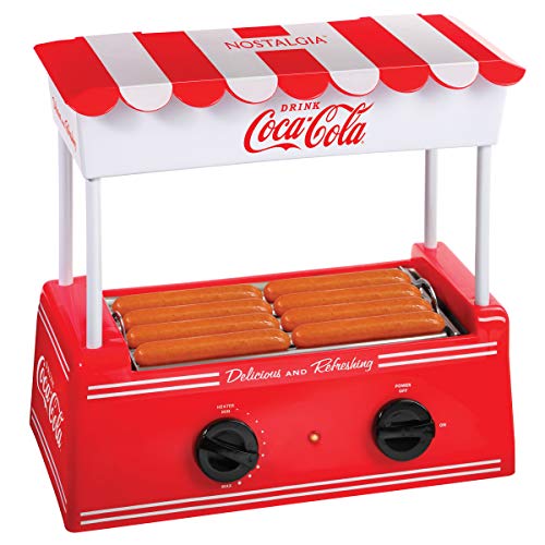 Nostalgia Coca-Cola Holds 8 Regular Sized or 4 Foot Long Hot Dogs and 6 Bun Capacity, Stainless Steel Rollers, Perfect For Breakfast Sausages, Brats, Taquitos, Egg Rolls, Yellow, Red/White