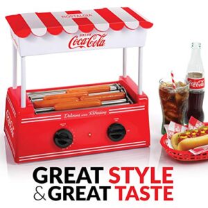 Nostalgia Coca-Cola Holds 8 Regular Sized or 4 Foot Long Hot Dogs and 6 Bun Capacity, Stainless Steel Rollers, Perfect For Breakfast Sausages, Brats, Taquitos, Egg Rolls, Yellow, Red/White