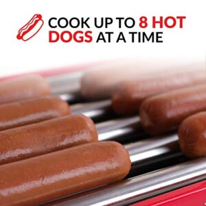 Nostalgia Coca-Cola Holds 8 Regular Sized or 4 Foot Long Hot Dogs and 6 Bun Capacity, Stainless Steel Rollers, Perfect For Breakfast Sausages, Brats, Taquitos, Egg Rolls, Yellow, Red/White