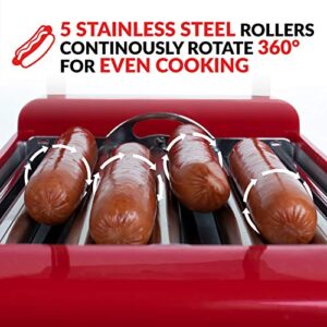 Nostalgia Coca-Cola Holds 8 Regular Sized or 4 Foot Long Hot Dogs and 6 Bun Capacity, Stainless Steel Rollers, Perfect For Breakfast Sausages, Brats, Taquitos, Egg Rolls, Yellow, Red/White