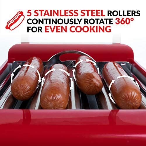 Nostalgia Coca-Cola Holds 8 Regular Sized or 4 Foot Long Hot Dogs and 6 Bun Capacity, Stainless Steel Rollers, Perfect For Breakfast Sausages, Brats, Taquitos, Egg Rolls, Yellow, Red/White