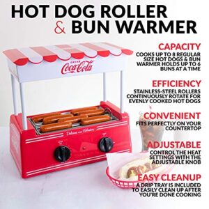 Nostalgia Coca-Cola Holds 8 Regular Sized or 4 Foot Long Hot Dogs and 6 Bun Capacity, Stainless Steel Rollers, Perfect For Breakfast Sausages, Brats, Taquitos, Egg Rolls, Yellow, Red/White