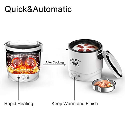 Mini Rice Cooker, 1L Small Rice Cooker 2 Cup-uncooked Travel Rice Cooker 12V for Car with Steamer, Auto Keep Warm Suitable For 1-2 People