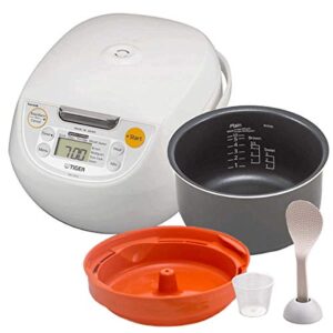 tiger japan made synchro-cooking 5.5-cup micom rice cooker and warmer with 10 cooking menu settings, stainless steel non-stick inner pot and tacook cooking plate, lets you cook rice and main dish at the same time