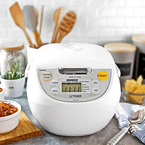 Tiger Japan Made Synchro-Cooking 5.5-Cup Micom Rice Cooker and Warmer with 10 Cooking Menu Settings, Stainless Steel Non-Stick Inner Pot and Tacook Cooking Plate, Lets you Cook Rice and Main Dish at the Same Time