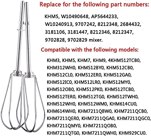 Wadoy W10490648 & KHM2B Beaters for Hand Mixer Stainless Steel Pro Whisk Turbo Beaters, Cream, Making Mousse or Meringue, Shakes, Egg, Replace AP5644233, PS4082859, KHM512BM, KHMPW