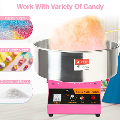 Display4top Commercial Cotton Candy Machine, Electric Cotton Candy Makers, 1080W Candy Floss Maker with Sugar Scoop and Lights Music, Perfect for Family Party Amusement Park Carnival (Pink)