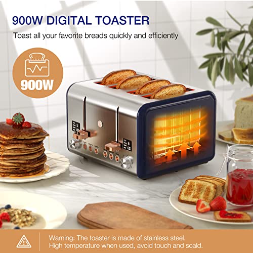 JOY Kitchen Digital Countertop Extra Wide 4-Slice Toaster, 6 Browning Levels with Bagel, Defrost Settings, Countdown Timer, Removable Crumb Tray & Cord Storage, Stainless Steel with Rose Gold Accents