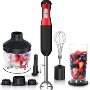 immersion hand blender 5 in 1,powerful 20 speed handheld stick blender with 800ml beaker,500ml food chopper,stainless steel whisk and ice crush blade,bpa-free for smoothie, baby food, sauces red,puree, soup