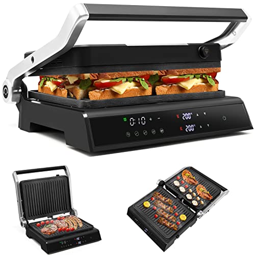 Giantex 3-in-1 Panini Press Sandwich Maker, Electric Indoor Grill, 2 Removable Non-Stick Plates, Dishwasher Safe, Independent Temperature Control, 4 Hours Timer, 5 Auto Modes, LED Display, Drip Tray