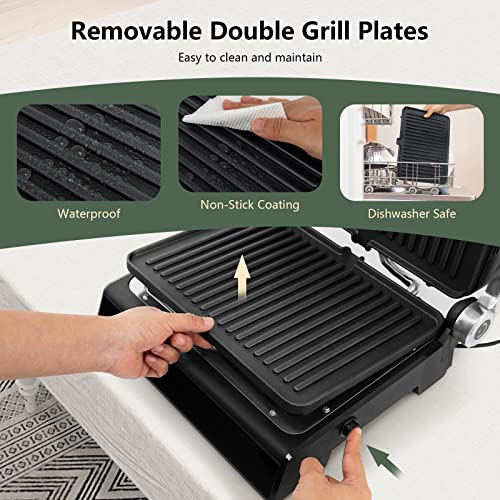 Giantex 3-in-1 Panini Press Sandwich Maker, Electric Indoor Grill, 2 Removable Non-Stick Plates, Dishwasher Safe, Independent Temperature Control, 4 Hours Timer, 5 Auto Modes, LED Display, Drip Tray