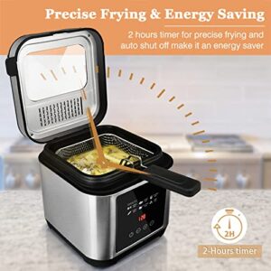 Deep Fryer CUSIMAX Electric Deep Fryer with Basket and Drip Hook, 2.5L/2.6QT Oil Capacity Fish Fryer with Temperature Control, Removable Lid, View Window, Stainless Steel Oil Fryer, 1200W