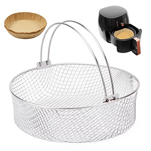 Air Fryer Basket, Oven Steamer Basket with 30pcs Air Fryer Paper Liner, 304 Stainless Steel Mesh Basket for Air Fryer, Air Fryer Accessory 8 inch Basket with Handle