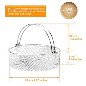 Air Fryer Basket, Oven Steamer Basket with 30pcs Air Fryer Paper Liner, 304 Stainless Steel Mesh Basket for Air Fryer, Air Fryer Accessory 8 inch Basket with Handle