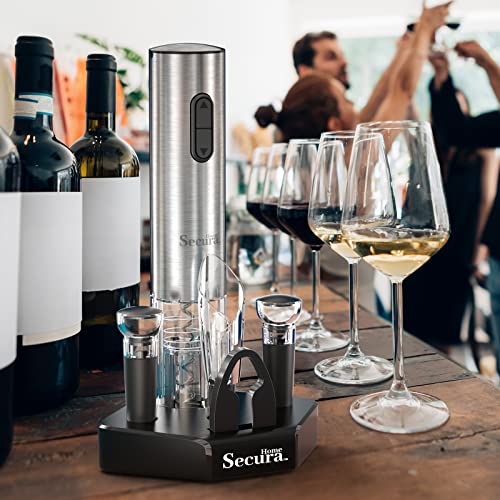 Secura Home Electric Wine Opener Set, Type C Cordless Rechargeable Corkscrew Wine Bottle Opener with Storage Base, Wine Aerator, 2 Vacuum Wine Stoppers, Foil Cutter for Wine Lover Gift Kit