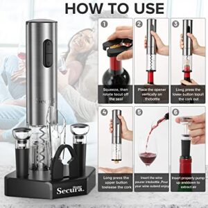 Secura Home Electric Wine Opener Set, Type C Cordless Rechargeable Corkscrew Wine Bottle Opener with Storage Base, Wine Aerator, 2 Vacuum Wine Stoppers, Foil Cutter for Wine Lover Gift Kit