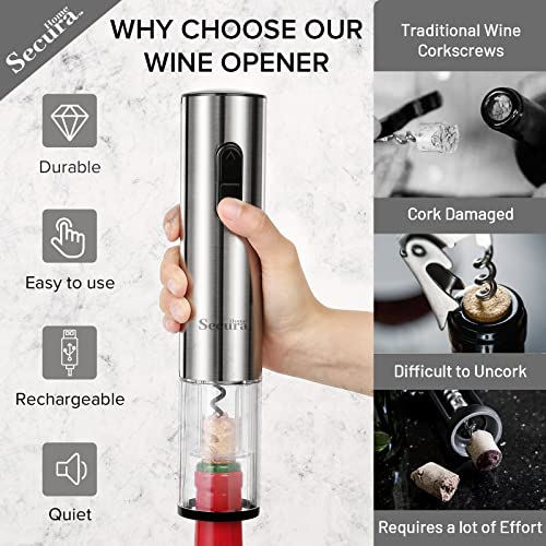 Secura Home Electric Wine Opener Set, Type C Cordless Rechargeable Corkscrew Wine Bottle Opener with Storage Base, Wine Aerator, 2 Vacuum Wine Stoppers, Foil Cutter for Wine Lover Gift Kit