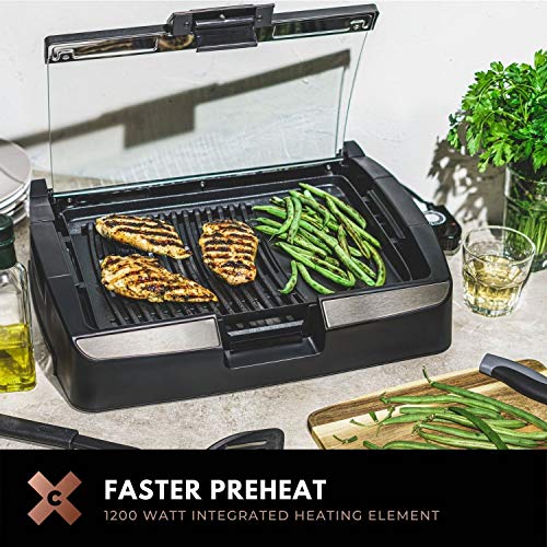 Crux Smokeless Indoor BBQ Grill with Viewing Window, Faster Preheat, Large PFOA-Free Non-Stick Grilling Surface for Healthy Family Sized Meals, Dishwasher Safe Parts, Black, compact (17168)