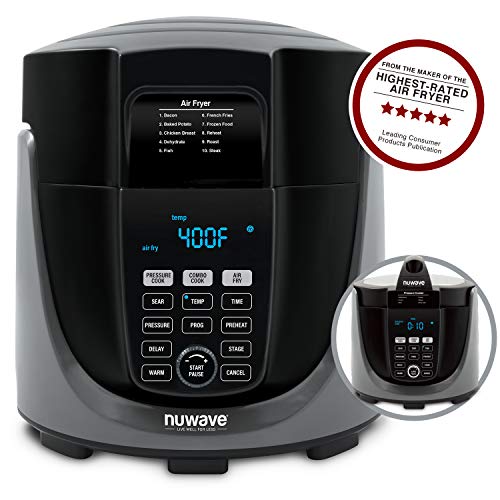 NuWave Duet Pressure Cooker, Air Fryer & Grill Combo Cooker with Removable Pressure and Air Fry Lids, 6qt Stainless Steel Pot, 4qt Non-Stick Air Fryer Basket, Built-In Sure-Lock Safety Technology