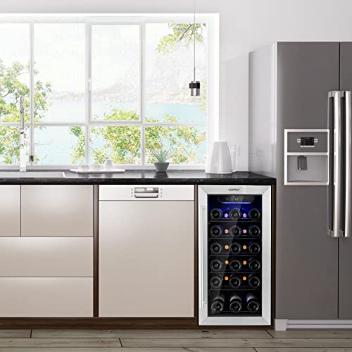 COSTWAY 15 Inch Wine Cooler Refrigerator, 30 Bottles Stainless Steel Wine Cellar with Lock, Tempered Glass Door, Digital Temperature Control, Built-in & Freestanding Compressor Mini Wine Fridge for Home Bar Office