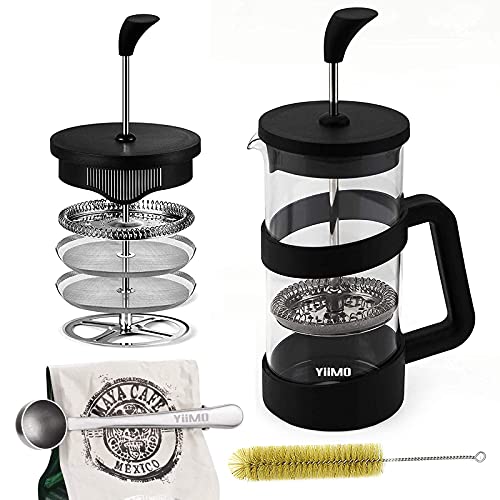 YiiMO French Press Coffee Maker, 34 Oz Large Glass Pitcher 4 Level Filter System Café Carafe Teapot plus Stainless Coffee Spoon n Cleaner Brush for Hot Cold Brew