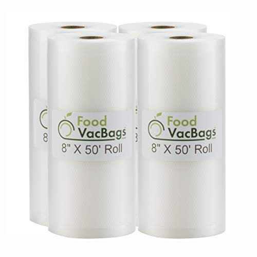 Four FoodVacBags 8" X 50' Commercial Vacuum Sealer Rolls Food Storage Bags compatible with Foodsaver and Sous Vide cooking (200 feet)