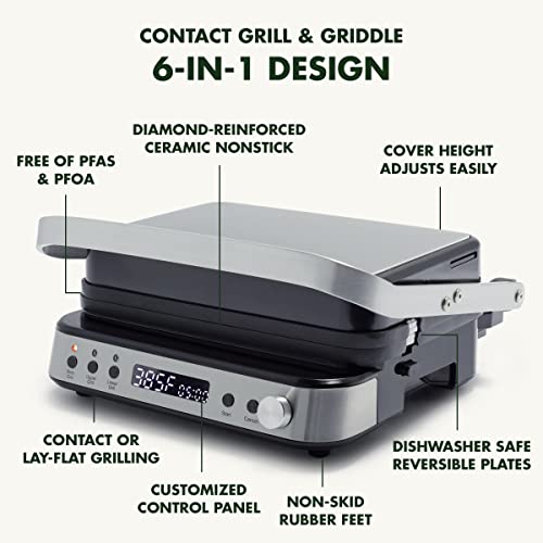 GreenPan Electric Indoor Stainless Steel 6-in-1 Contact Grill and Griddle, Healthy Ceramic Nonstick, Dishwasher Safe Reversible Plates, PFAS-Free