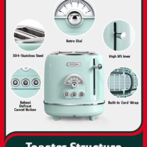 Hazel Quinn 2 Slice Retro Toaster, 6 Browning Levels, 3 Functions-Defrost/Reheat/Cancel, Removable Crumb Tray for Easy to Clean, 1.5 Inches Extra Wide Slots, Vintage Style, Mint Green