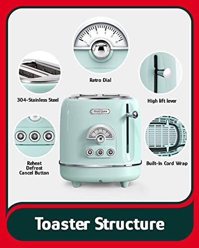 Hazel Quinn 2 Slice Retro Toaster, 6 Browning Levels, 3 Functions-Defrost/Reheat/Cancel, Removable Crumb Tray for Easy to Clean, 1.5 Inches Extra Wide Slots, Vintage Style, Mint Green