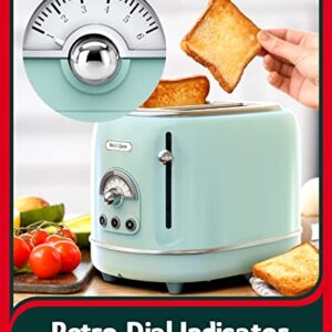 Hazel Quinn 2 Slice Retro Toaster, 6 Browning Levels, 3 Functions-Defrost/Reheat/Cancel, Removable Crumb Tray for Easy to Clean, 1.5 Inches Extra Wide Slots, Vintage Style, Mint Green