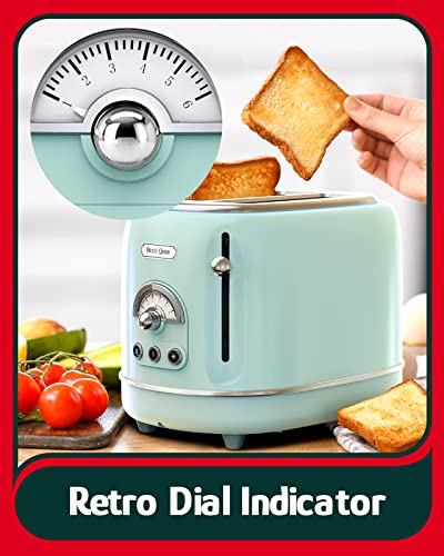 Hazel Quinn 2 Slice Retro Toaster, 6 Browning Levels, 3 Functions-Defrost/Reheat/Cancel, Removable Crumb Tray for Easy to Clean, 1.5 Inches Extra Wide Slots, Vintage Style, Mint Green