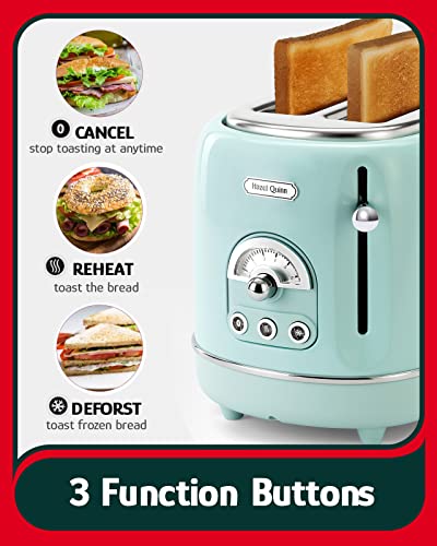 Hazel Quinn 2 Slice Retro Toaster, 6 Browning Levels, 3 Functions-Defrost/Reheat/Cancel, Removable Crumb Tray for Easy to Clean, 1.5 Inches Extra Wide Slots, Vintage Style, Mint Green