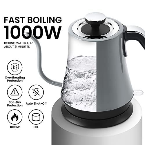 Gooseneck Electric Kettle, 1000W Fast Boiling Tea Kettle Electric with Auto Shut-Off, Boil-Dry Protection, Leak-Proof 304 Stainless Steel Electric Kettle Hot Water Kettle Electric for Pour-Over Coffee