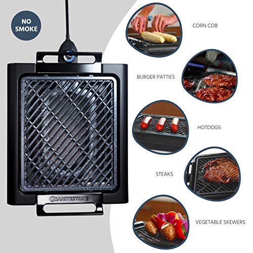 Granitestone Indoor Electric Smoke-Less Grill with Cool-touch handles and adjustable Temperature Dial, Nonstick, PFOA-Free, Black 16 x 14" As Seen On TV