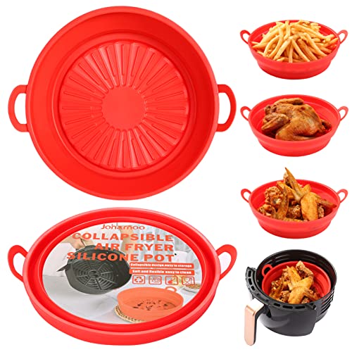 JOHAMOO Air Fryer Silicone Liners, 7.5 Inch Reusable Air Fryer Pot, Food Safe Easy Cleaning Air fryers Silicone Basket Round for 3 to 5 Qt Air fryer Oven Accessories (Red)