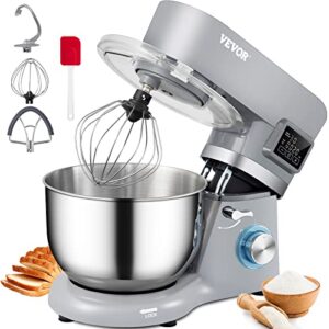 vevor stand mixer, 660w electric dough mixer with 6 speeds lcd screen timing, tilt-head food mixer with 5.8 qt stainless steel bowl, dough hook, flat beater, whisk, scraper, splash-proof cover – gray