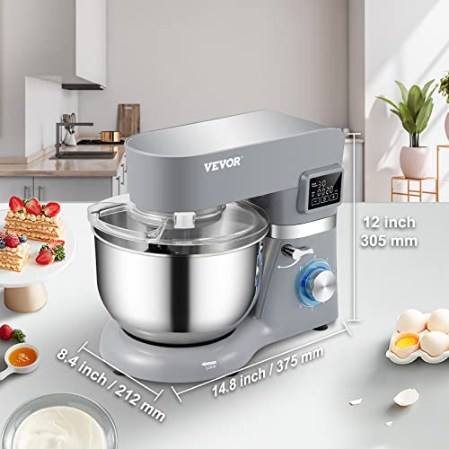 VEVOR Stand Mixer, 660W Electric Dough Mixer with 6 Speeds LCD Screen Timing, Tilt-Head Food Mixer with 5.8 Qt Stainless Steel Bowl, Dough Hook, Flat Beater, Whisk, Scraper, Splash-Proof Cover - Gray