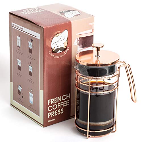 French Press and Tea Maker - 1000ml Coffee Maker Press - Premium Coffee Press with Rose Gold Finish - Thick Glass and Stainless Steel Coffee Brewer - French Press Coffee Maker for Tea, Latte, Expresso