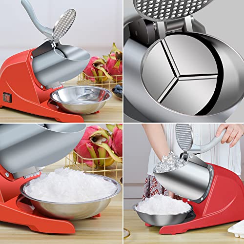 Three Blades Snow Cone Maker Ice Shaver 380W 220lbs/hr Prevent Splash Electric Stainless Steel Shaved Ice Machine Home and Commercial Ice Crushers (red)